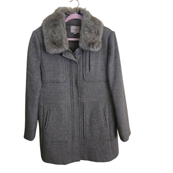 Loft Wool Blend Removable Faux Fur Collar Gray Full Zip Snap Coat Size XL - Picture 1 of 9